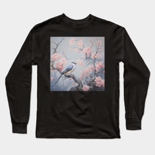 Grey and pink chinoiserie painting with birds and flowers Long Sleeve T-Shirt